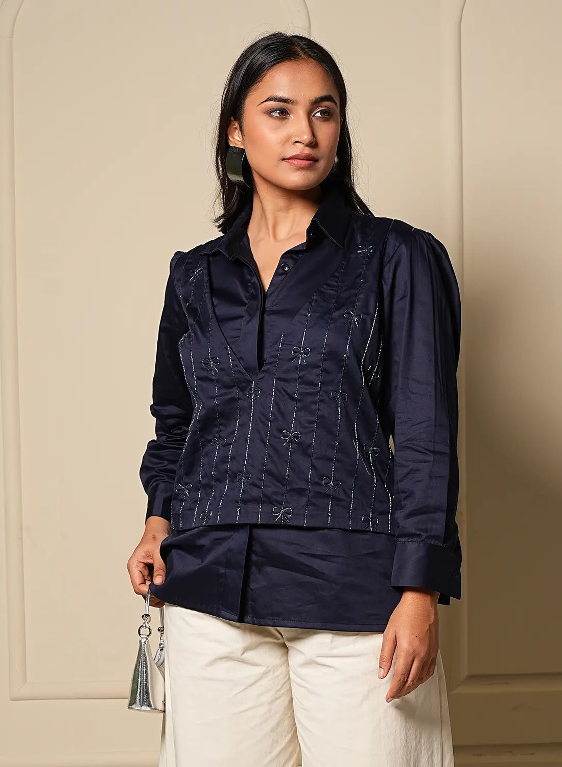 Navy Bowtie Overlay Shirt